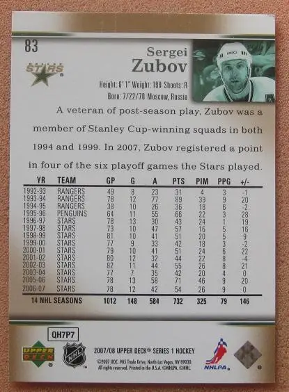 НХЛ Сергей Зубов Даллас Старз ЦСКА Москва СКА Санкт-Петербург № 83 1