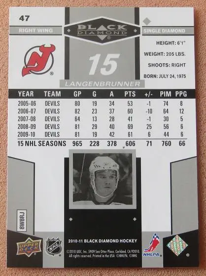 НХЛ Джейми Лангенбруннер Нью-Джерси Дэвилз № 47 1