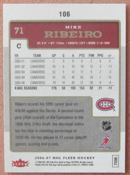 НХЛ Майк Рибейро Монреаль Канадиенс № 106 1
