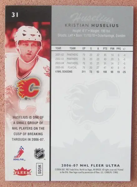 НХЛ Кристиан Хуселиус Калгари Флэймз № 31 1