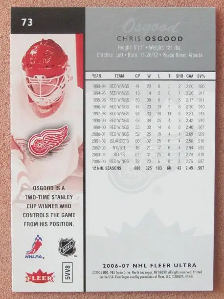 НХЛ Крис Осгуд Детройт Ред Уингз № 73 1