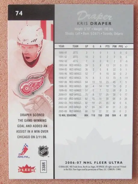НХЛ Крис Драпер Детройт Ред Уингз № 74 1