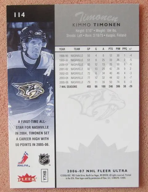 НХЛ Киммо Тимонен Нэшвилл Предаторз № 114 1