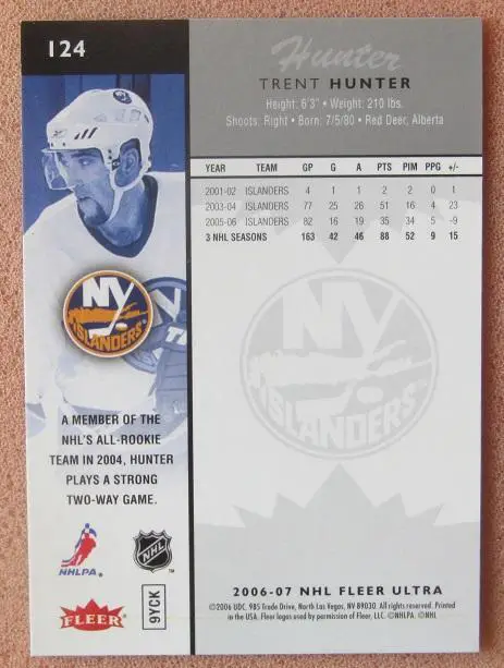 НХЛ Трент Хантер Нью-Йорк Айлендерс № 124 1