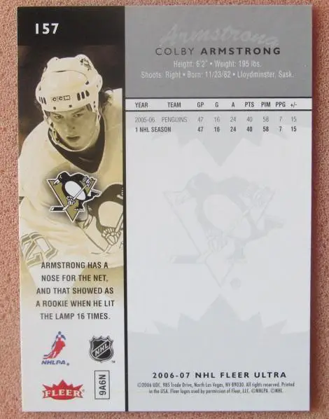 НХЛ Колби Армстронг Питтсбург Пингвинз № 157 1