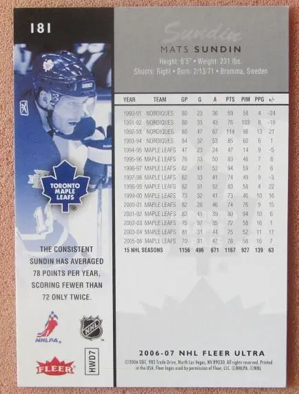 НХЛ Матс Сундин Торонто Мэйпл Лифс № 181 1