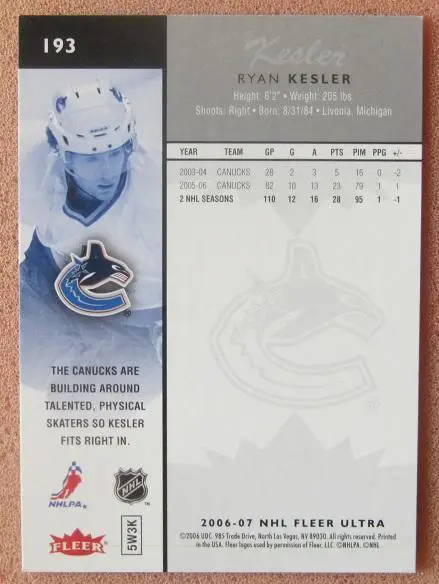 НХЛ Райан Кеслер Ванкувер Кэнакс № 193 1