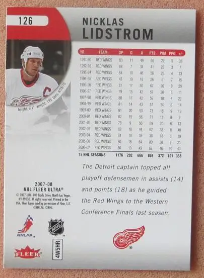 НХЛ Никлас Лидстром Детройт Ред Уингз № 126 1