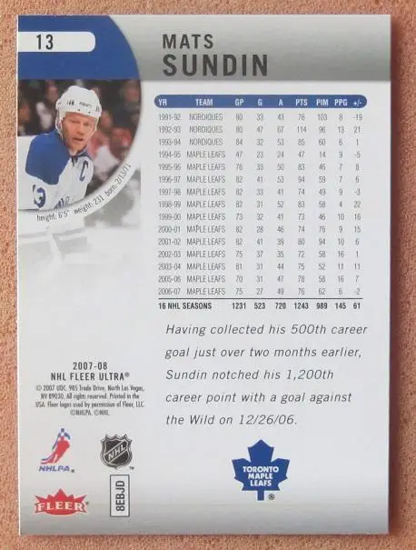 НХЛ Матс Сундин Торонто Мэйпл Лифс № 13 1