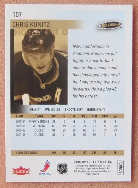 НХЛ Крис Кунитц Анахайм Дакс № 107 1