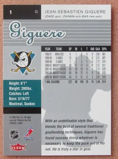 НХЛ Жан-Себастьян Жигер Анахайм Майти Дакс № 1 1