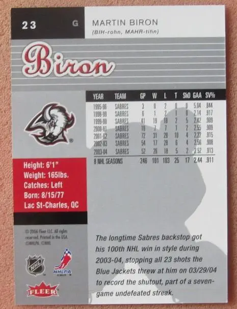 НХЛ Мартин Бирон Баффало Сейбрз № 23 1