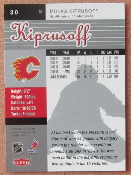 НХЛ Микка Кипрусофф Калгари Флэймз № 30 1