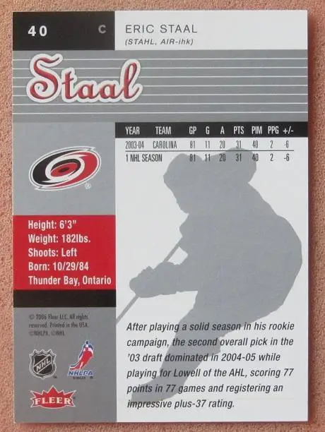 НХЛ Эрик Стаал Каролина Харрикейнз № 40 1