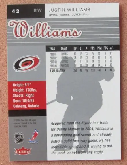 НХЛ Джастин Уильямс Каролина Харрикейнз № 42 1