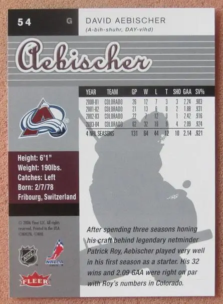 НХЛ Давид Айбишер Колорадо Эвеланш № 54 1