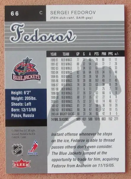 НХЛ Сергей Федоров Коламбус Блю Джекет Динамо Минск ЦСКА Москва Магнитогорск 66 1