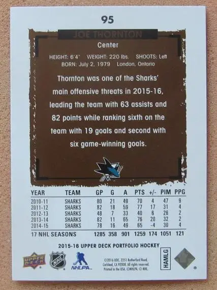 НХЛ Джо Торнтон Сан-Хосе Шаркс № 95 1