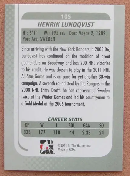 НХЛ Хенрик Лундквист Нью-Йорк Рейнджерс № 105 1