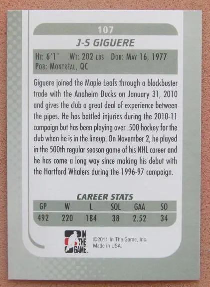 НХЛ Жан-Себастьян Жигер Торонто Мейпл Лифс № 107 1