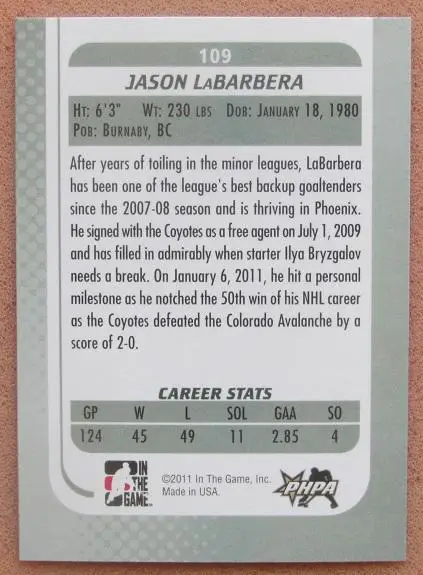 НХЛ Лабарбера Джейсон Финикс Койотис № 109 1
