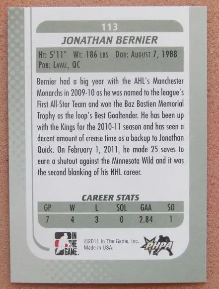НХЛ Джонатан Бернье Манчестер Монаркс № 113 1