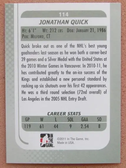 НХЛ Джонатан Куик Лос-Анжелес Кингз № 114 1