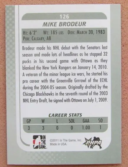 НХЛ Майк Бродер Оттава Сенаторз № 126 1
