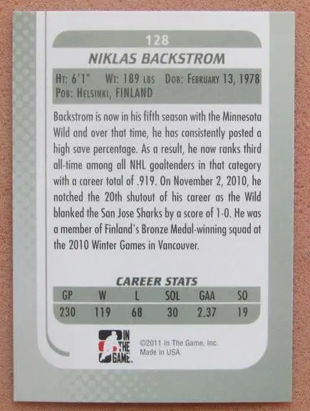 НХЛ Никлас Бэкстрем Миннесота Уайлд № 128 1