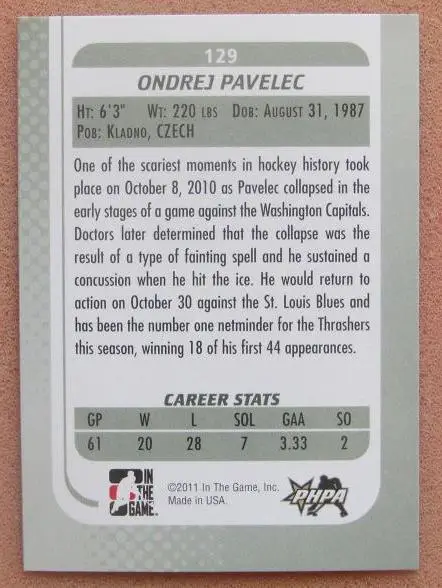 НХЛ Ондржей Павелец Атланта Трэйшерз № 129 1
