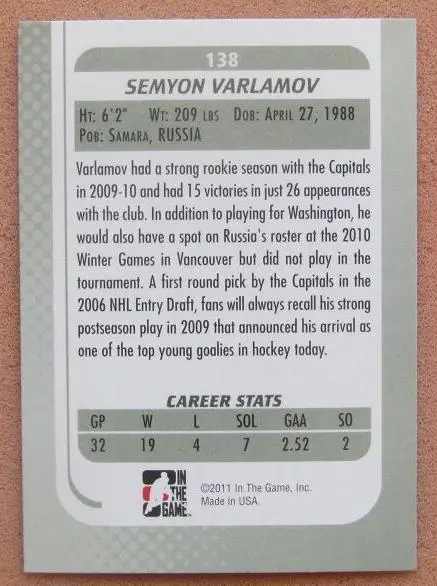 НХЛ Семен Варламов Вашингтон Кэпиталз Локомотив Ярославль № 138 1