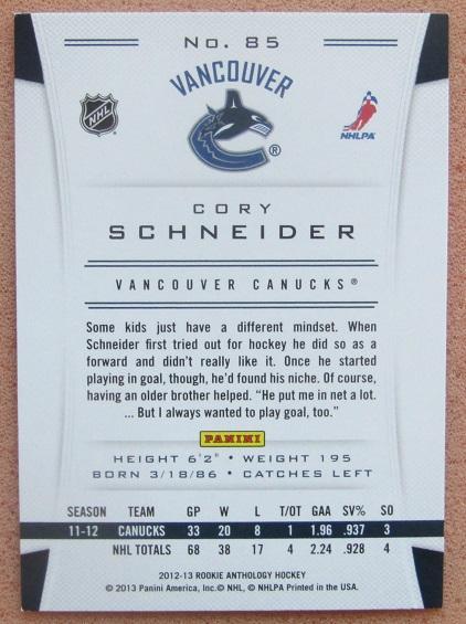 НХЛ Кори Шнайдер Ванкувер Кэнакс № 85 1