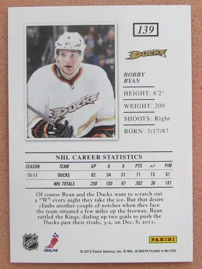 НХЛ Бобби Райан Анахайм Дакс № 139 1