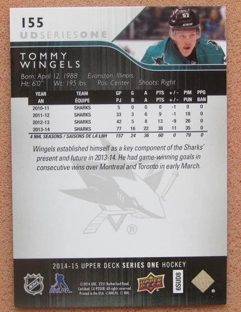 НХЛ Томми Уингелс Сан-Хосе Шаркс № 155 1