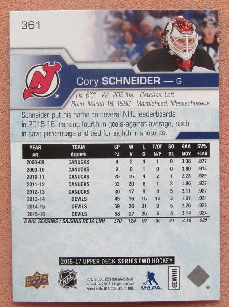 НХЛ Кори Шнайдер Нью-Джерси Дэвилз № 361 1