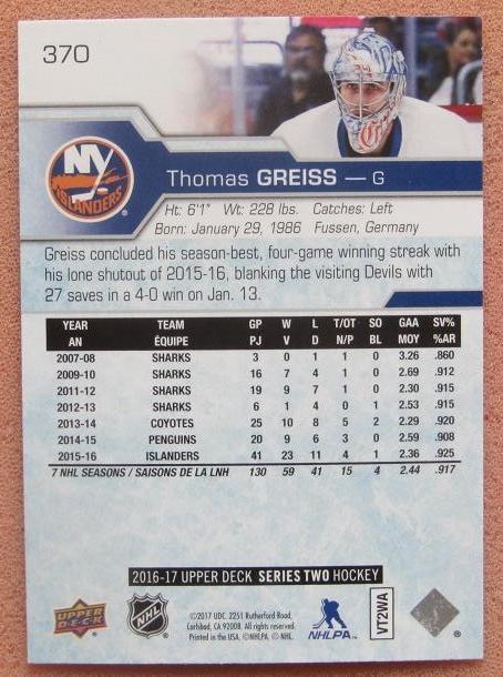 НХЛ Томас Грайсс Нью-Йорк Айлендерс № 370 1