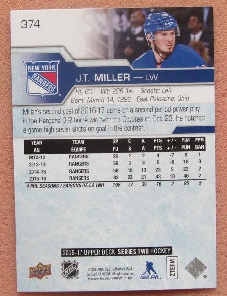 НХЛ Джей Ти Миллер Нью-Йорк Рейнджерс № 374 1