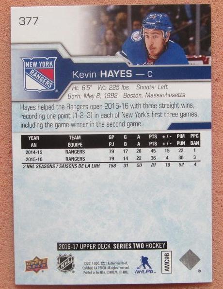 НХЛ Кевин Хейз Нью-Йорк Рейнджерс № 377 1