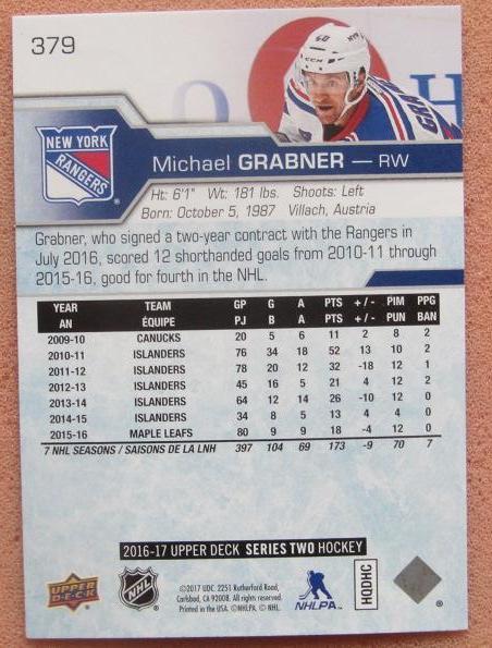 НХЛ Михаил Грабнер Нью-Йорк Рейнджерс № 379 1