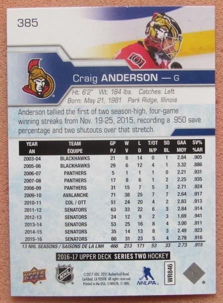 НХЛ Крейг Андерсон Оттава Сенаторз № 385 1