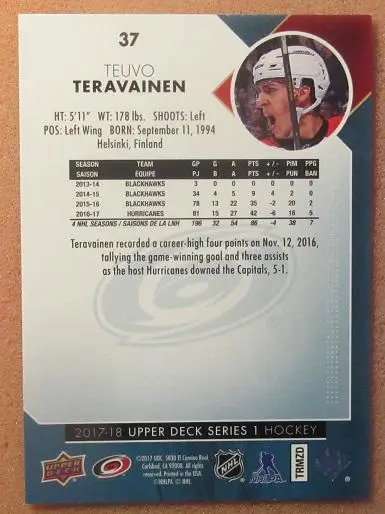 НХЛ Теуво Терявяйнен Каролина Харрикейнз № 37 1