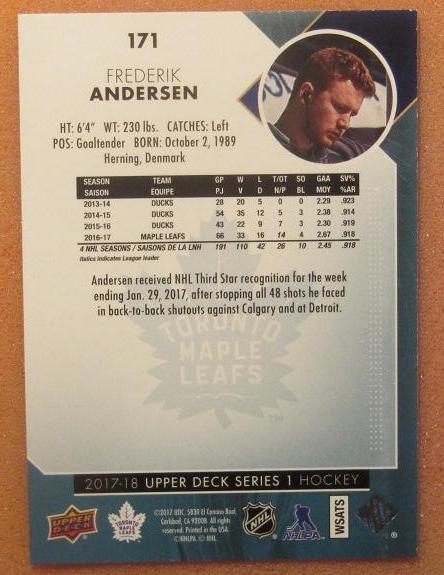 НХЛ Фредерик Андерсен Торонто Мэйпл Лифтс № 171 1