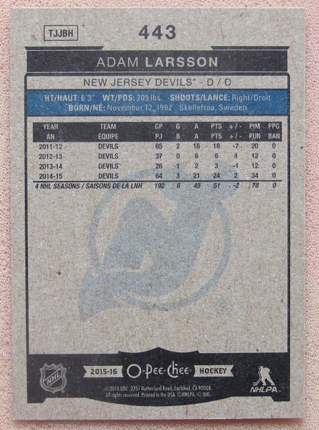 НХЛ Адам Ларссон Нью-Джерси Дэвилз № 443 1