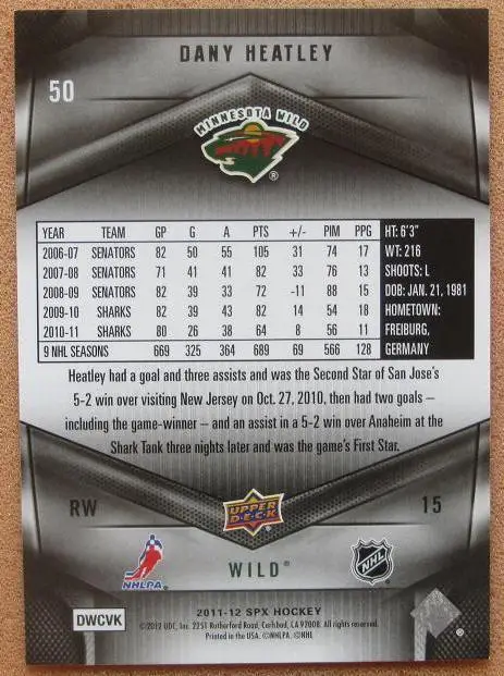 НХЛ Дэни Хитли Миннесота Уайлд № 50 1