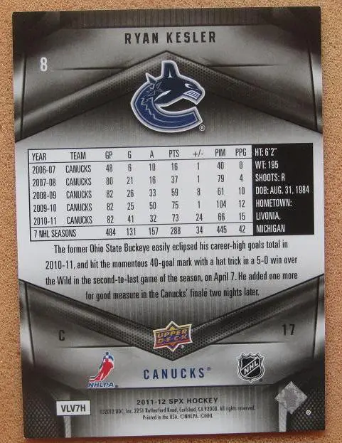 НХЛ Райан Кеслер Ванкувер Кэнакс № 8 1