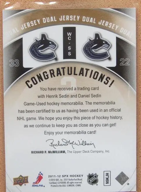 НХЛ Хенрик и Даниэль Седин Ванкувер Кэнакс № WC-SS 1