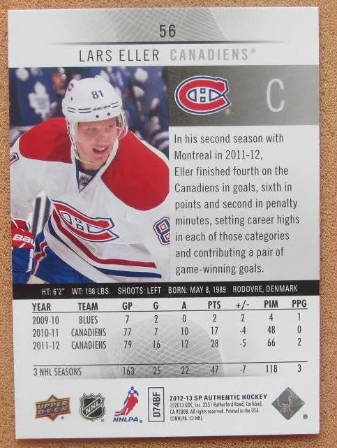 НХЛ Ларс Эллер Монреаль Канадиенс № 56 1