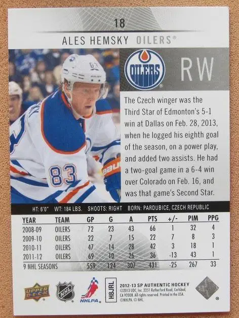 НХЛ Алеш Гемски Эдмонтон Ойлерз № 18 1