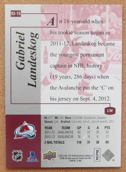 НХЛ Габриэль Ландеског Колорадо Эвеланш № 93-15 1