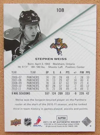 НХЛ Стивен Уайсс Флорида Пантерз № 108 1